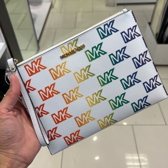 Michael kors XL zip clutch wristlet optic white multi Rainbow - Picture 1 of 8